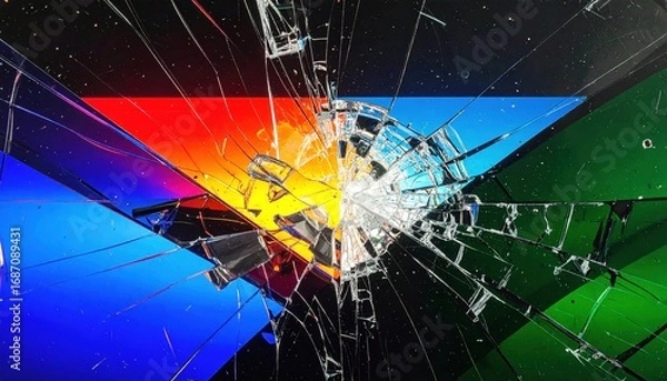 Fototapeta VHS corrupted video with RGB color split and broken transparent glass texture 