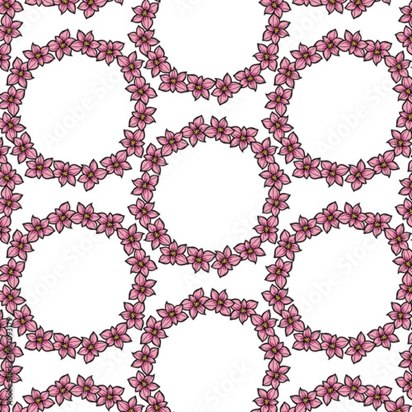 Fototapeta Floral pattern illustration featuring pink blossoms arranged in circular motifs on a white background, perfect for textile design and creative projects with vibrant aesthetics