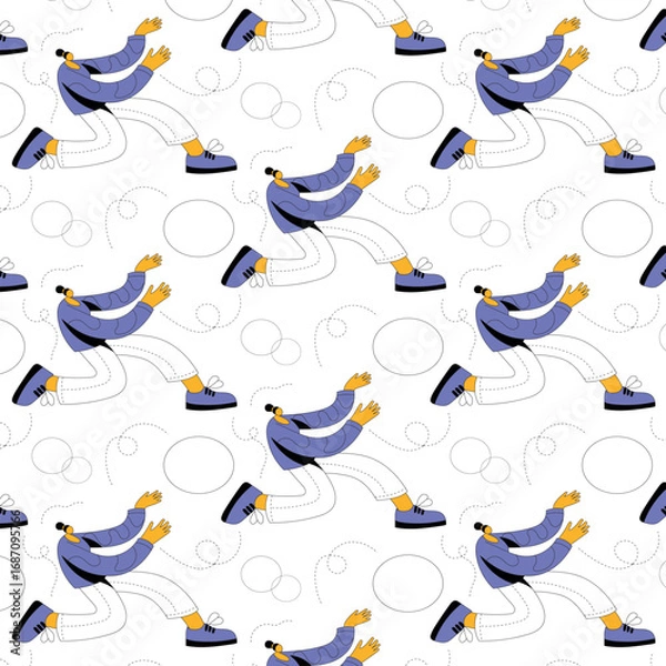 Fototapeta Dynamic vector illustration of a stylized figure in motion, showcasing energetic running poses with playful circular elements in a vibrant pattern design for creative projects