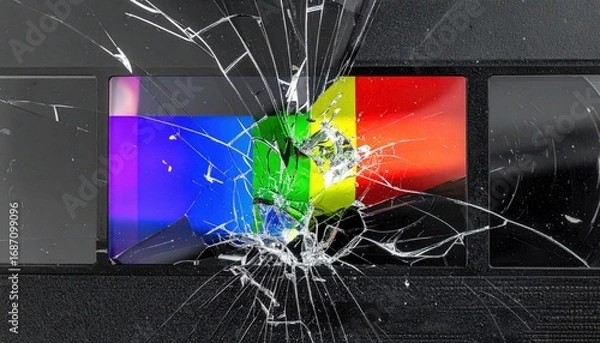 Fototapeta VHS corrupted video with RGB color split and broken transparent glass texture 