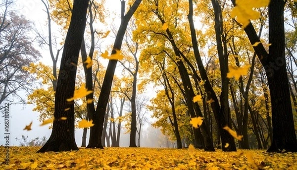Obraz Golden autumnal path through a misty wood