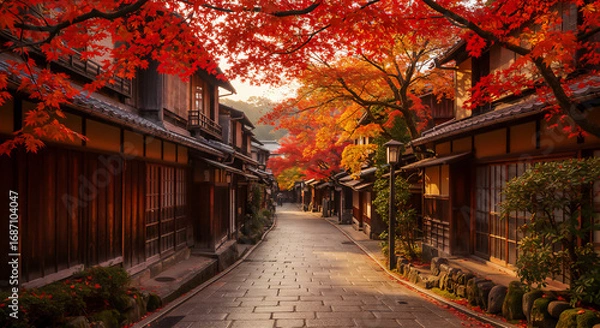 Obraz 秋の紅葉に包まれた日本の古い町並み