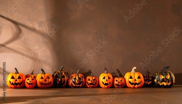Obraz Halloween pumpkins on a brown background