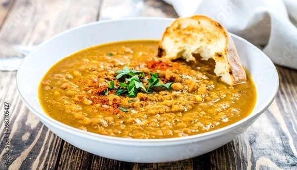 Obraz Creamy lentil soup in a bowl with toasted bread