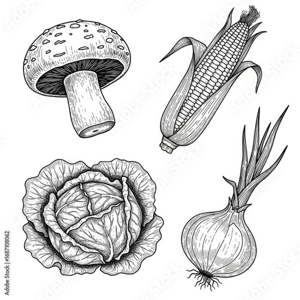 Fototapeta Set of Vegetables in Ink Style