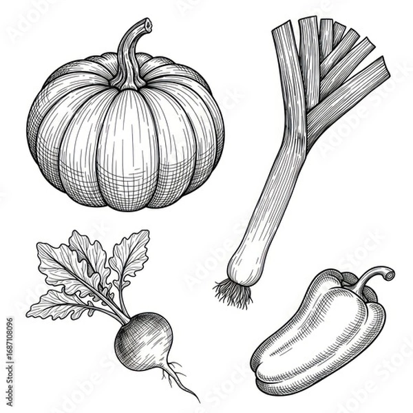 Fototapeta Set of Vegetables in Ink Style
