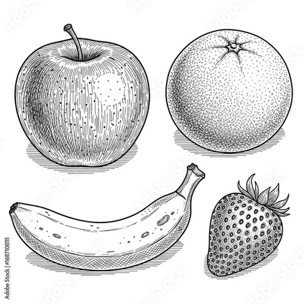 Fototapeta Set of Apple, Orange, Banana, and Strawberry, Ink Style