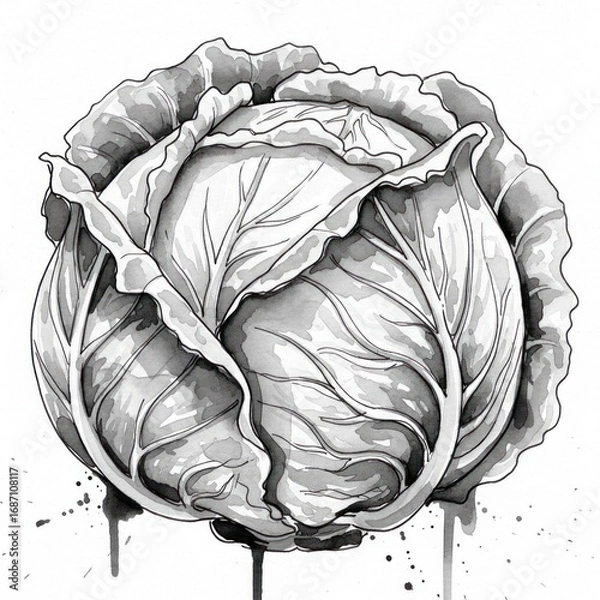 Fototapeta head of cabbage isolated. Ink style