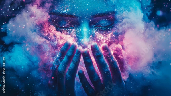Fototapeta Mystical glow illuminating person's closed eyes and cupped hands amidst swirling, starlit cosmic dust in vibrant pink and blue hues, vision of inner magic and wonder