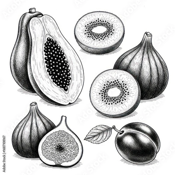Fototapeta Set of Papaya, Kiwi, Fig, and Plum, Ink Style