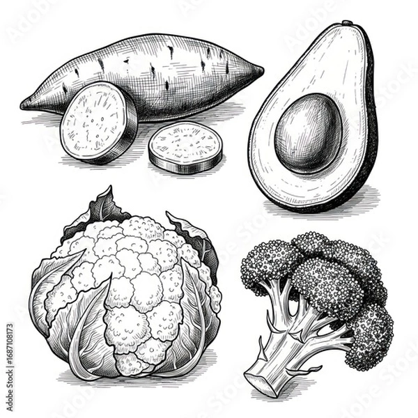 Fototapeta Set of Vegetables in Ink Style