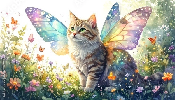 Fototapeta Cat with iridescent wings in a flower field