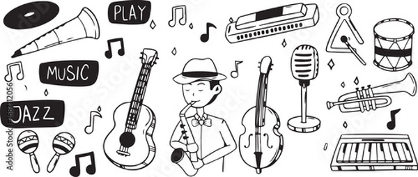 Fototapeta Musical Instrument Doodles with Melody Theme, Black and White, Artistic, Playful, Illustrated, Expressive, Unique, Simple, Fun, Musical, Whimsical, Joyful, Melodic, Creative, Rhythmic, Harmonious, Moo
