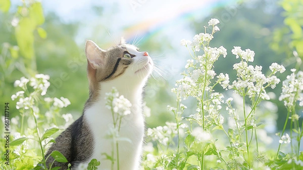 Fototapeta 白い花と、虹を渡った猫の思い出2。Generative AI