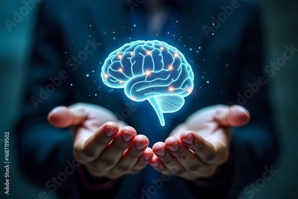 Fototapeta Brain health concept mind intelligence memory and mental wellness with human hands holding brain