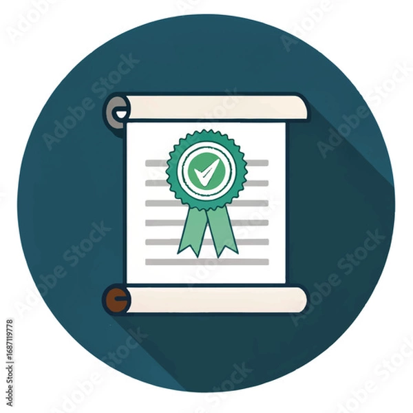 Fototapeta Approved Document: Flat Design Icon, Green Seal of Approval, Certificate of Completion, Achievement, Success.