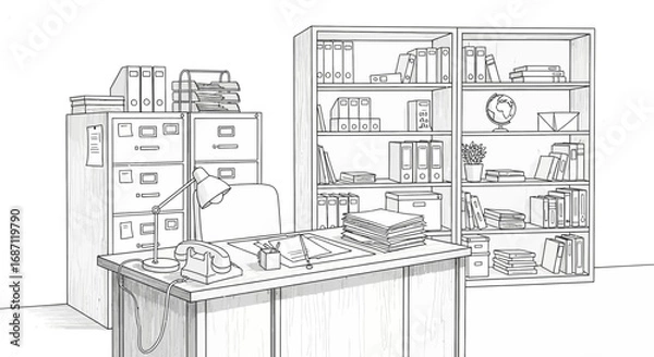 Fototapeta Detailed Sketch Illustration of a Well-Organized Office Space in Black and White