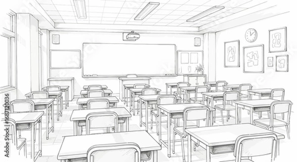 Fototapeta Detailed sketch of an empty classroom with desks and a whiteboard