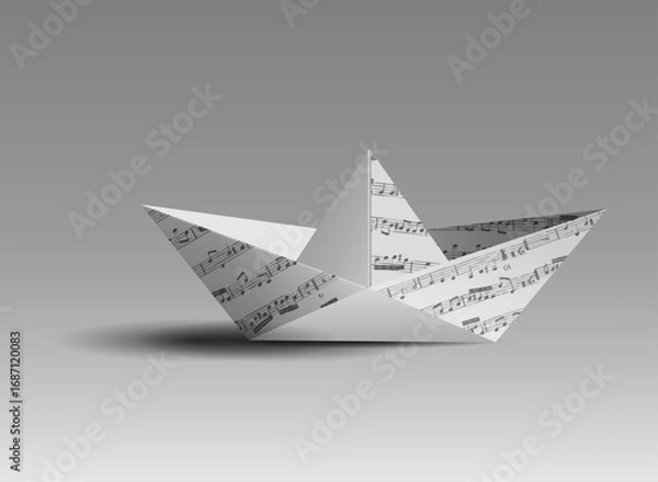 Fototapeta Paper boat, origami paper with music notes folded toy ship