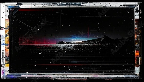 Fototapeta VHS distorted frame with flickering scan lines and noise particles 
