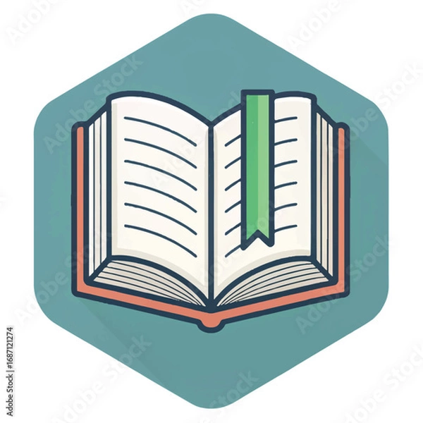 Fototapeta Open Book Icon:  Flat Design, Teal Background, Green Bookmark, Knowledge Concept Illustration.
