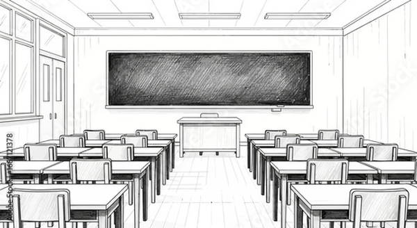 Fototapeta Illustration depicting empty classroom featuring chalkboard and student desks