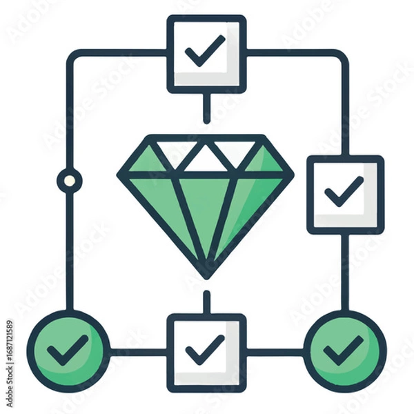 Fototapeta Green Diamond Quality Control Process Flowchart:  Checklist Icons, Verified Steps, Premium Asset.