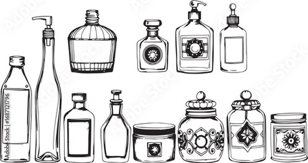 Fototapeta A set of cosmetic containers. Jars, vials, bottles, tubes. Hand drawn vector illustration