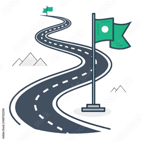 Fototapeta Winding Road to Success:  Abstract Vector Illustration of a Journey to Achievement with Flags and Mountains.