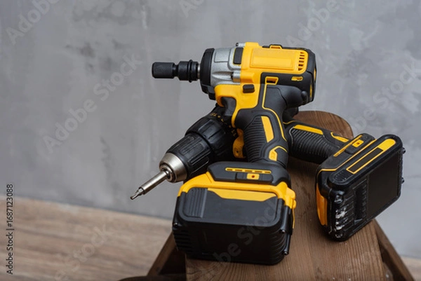 Fototapeta Professional cordless power tool set with yellow and black drill, impact driver, and lithium-ion batteries on wooden surface.