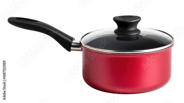 Fototapeta Red saucepan with a black lid, perfect for cooking delicious meals, isolated on a white background.