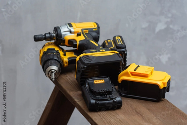 Fototapeta Professional cordless power tool set with yellow and black drill, impact driver, and lithium-ion batteries on wooden surface.