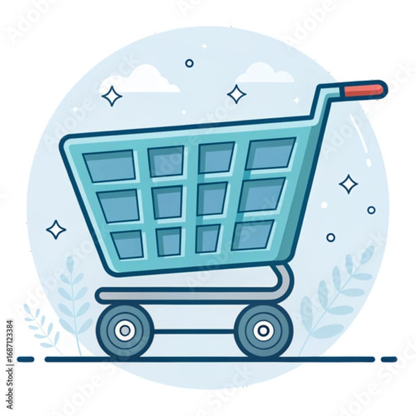 Fototapeta Empty Teal Shopping Cart;  Modern Line Art Style;  E-commerce, Retail,  Shopping Concept;  Clean, Minimalist Design.