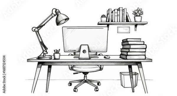 Fototapeta Stylish workspace design, clean desk setup with minimalist office scene illustration