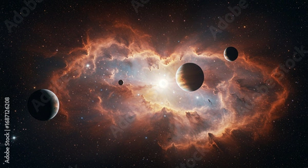 Fototapeta Explore distant worlds with this stunning nebula background and planets, perfect for sci-fi projects
