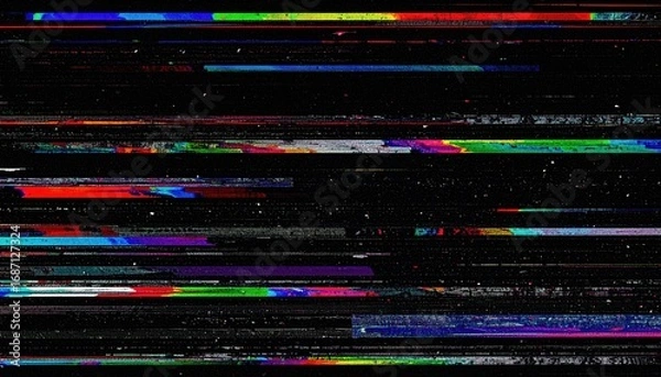 Fototapeta VHS distorted video screen with RGB noise bands on black background 
