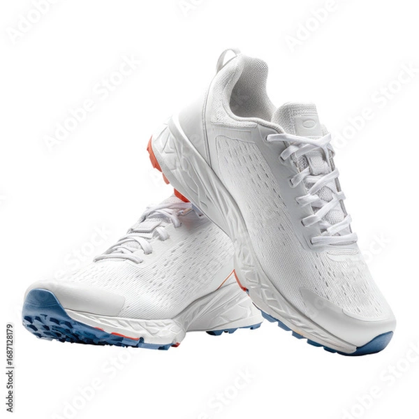 Obraz Pair of white athletic shoes with perforated design and orange accents