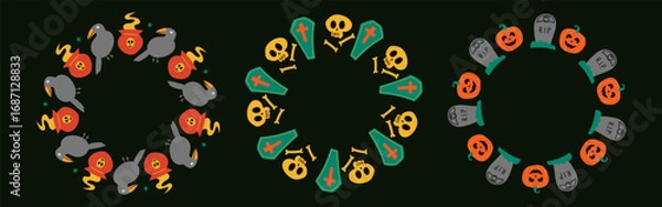 Fototapeta Trendy Halloween element set with witchcraft symbols – cat, raven, witch hat, potion, and cauldron. Perfect for cards, stickers, and spooky posters.