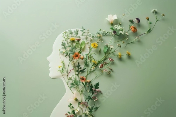 Fototapeta Silhouette of a woman filled with flowers and greenery on a light green background image art