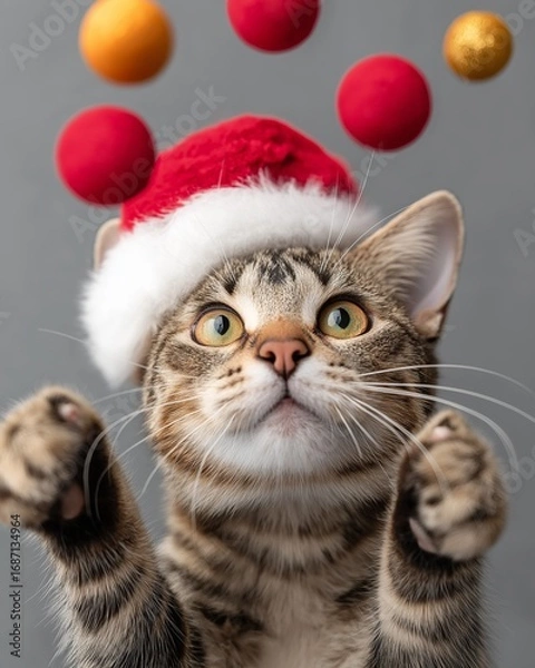 Fototapeta Festive Feline: An adorable cat wearing a Santa hat reaches toward playful, colorful Christmas ornaments, a whimsical image for the holiday season.Generative ai illustration.