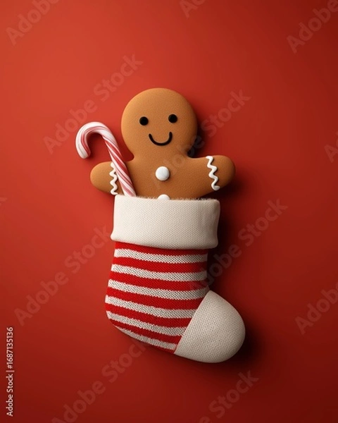 Fototapeta Festive Gingerbread Man in Stocking: A whimsical gingerbread man smiles with a candy cane in a festive stocking on a vibrant red backdrop.Generative ai illustration.