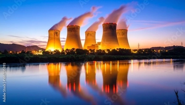 Obraz Nuclear power plant at dawn, reflected in calm water