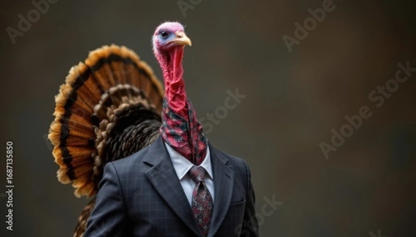 Obraz create a unique and eye catching portrait of a turkey dressed in a formal business suit, the turkey should be positioned at the bottom center of the image