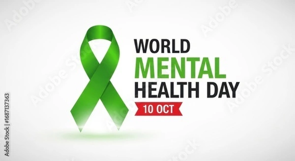 Fototapeta A green ribbon and world mental health day text on a white background for awareness campaign