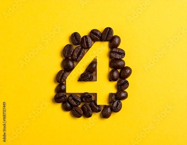 Obraz Number four formed by coffee beans on a yellow background