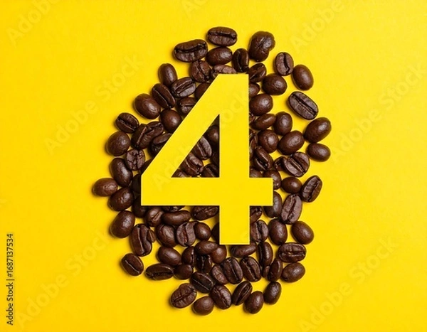 Obraz Number four surrounded by coffee beans on a yellow background