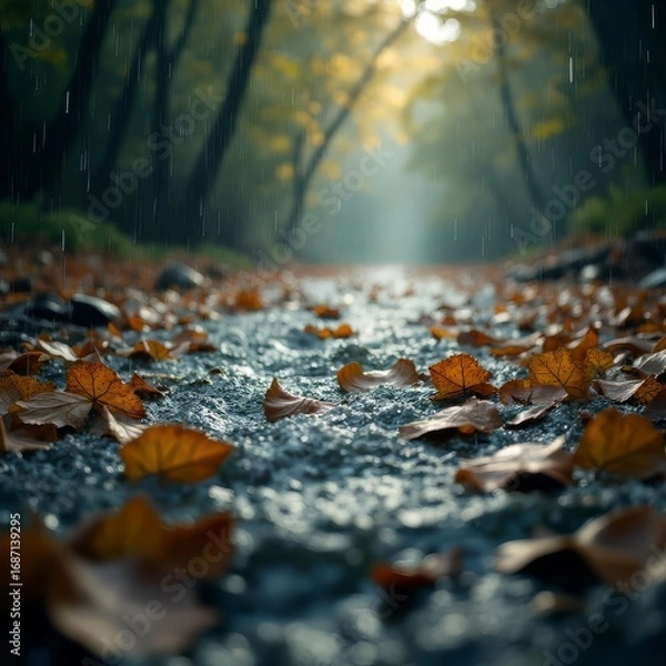 Fototapeta Autumn Leaves on Wet Pavement