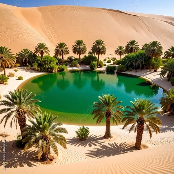 Obraz Oasis in the desert. Lush pool surrounded by palm trees