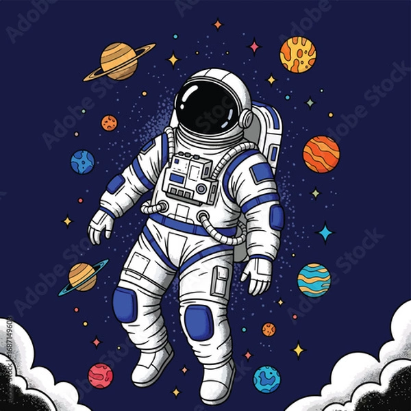 Fototapeta WebAdobe illustrator artwork vector illustration. A stylish astronaut in a detailed suit floats amidst colorful planets and swirling galaxies on a dark blue background. Perfect for a striking