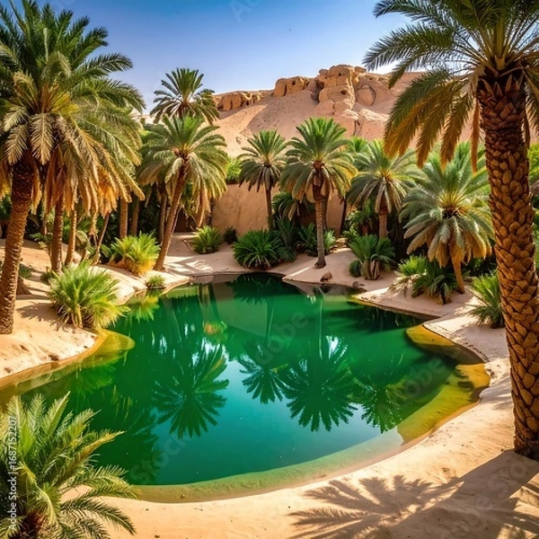Obraz Oasis with palm trees and a tranquil pool